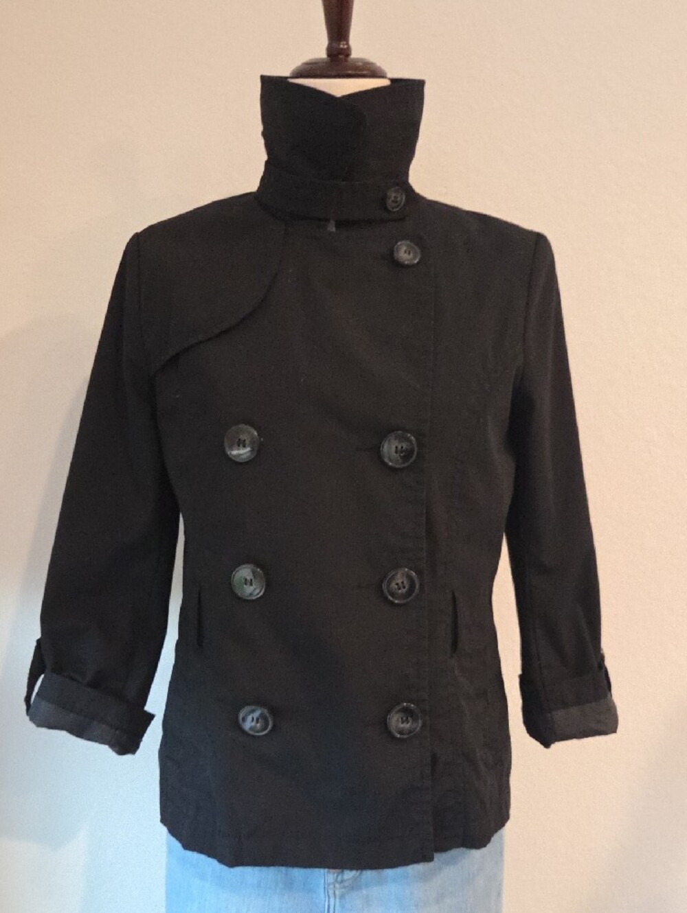 Women's Black Double-Breasted Pea Coat Classic Tailored Style Cropped Jacket